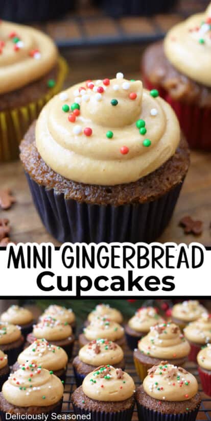 A double collage photo of mini gingerbread cupcakes.