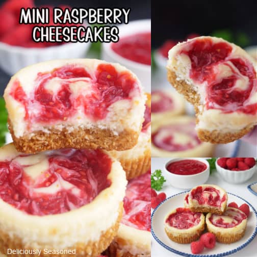 A three photo collage on mini cheesecakes with raspberry swirl on top.