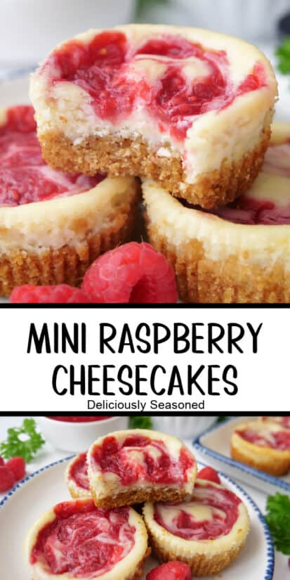 A double collage photo of mini cheesecakes with a raspberry swirl on top.