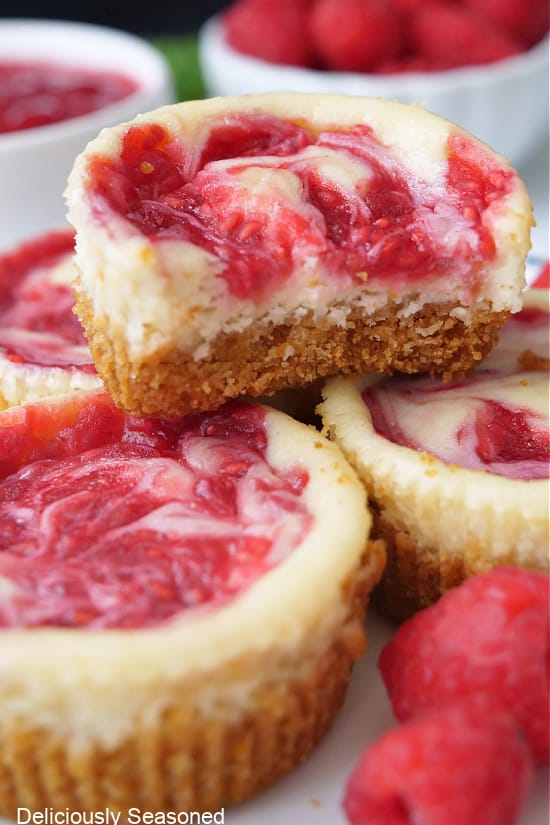 A close up of mini cheesecakes with raspberry swirl on top.