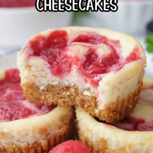Mini Cheesecakes with Raspberries swirled on top.