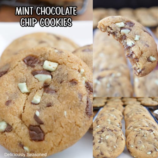 A three photo collage of mint chocolate chip cookies.