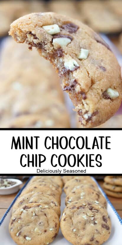 A double photo collage of mint chocolate chip cookies.