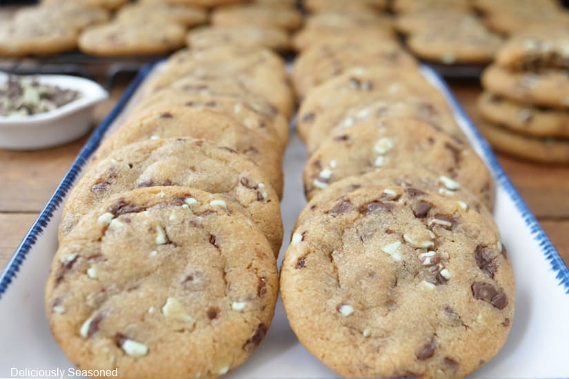 A horizontal photo of a white plate with blue trim with a dozen cookies on it.