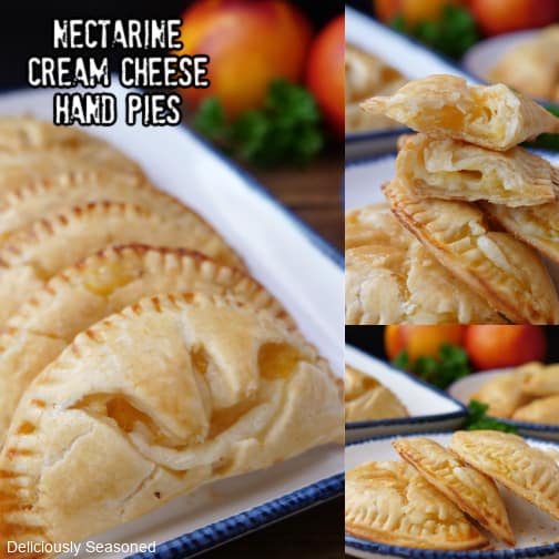 A three photo collage of nectarine cream cheese hand pies on a white plate with blue trim.