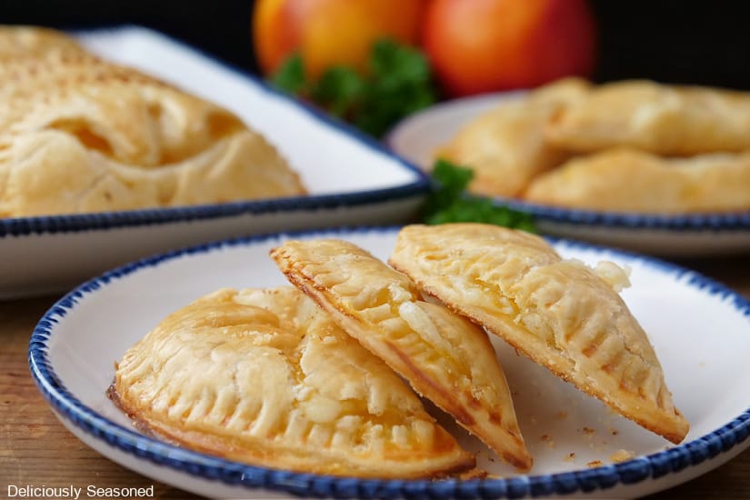 A horizontal photo of fruit hand pies on white plate with blue trim.
