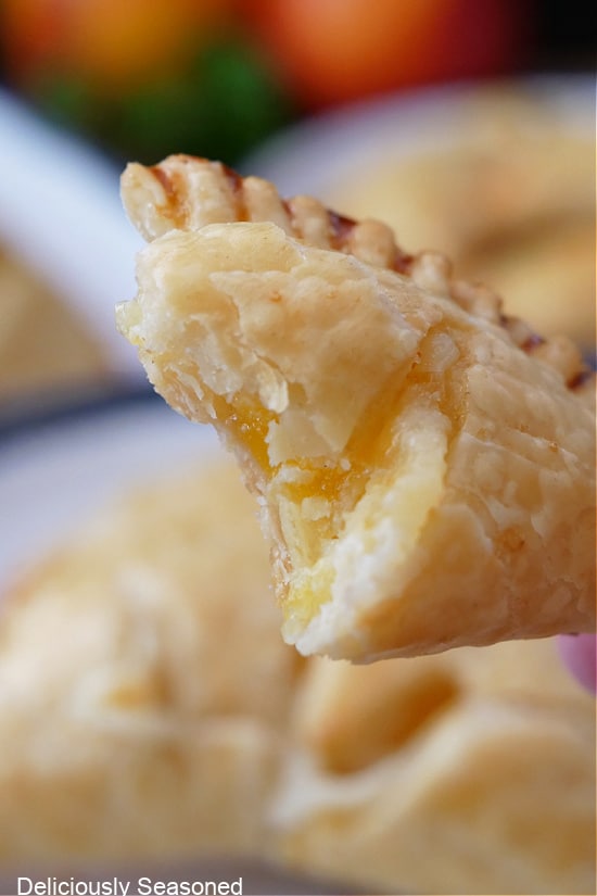 A close up photo of a hand pie with a bite taken out of it.