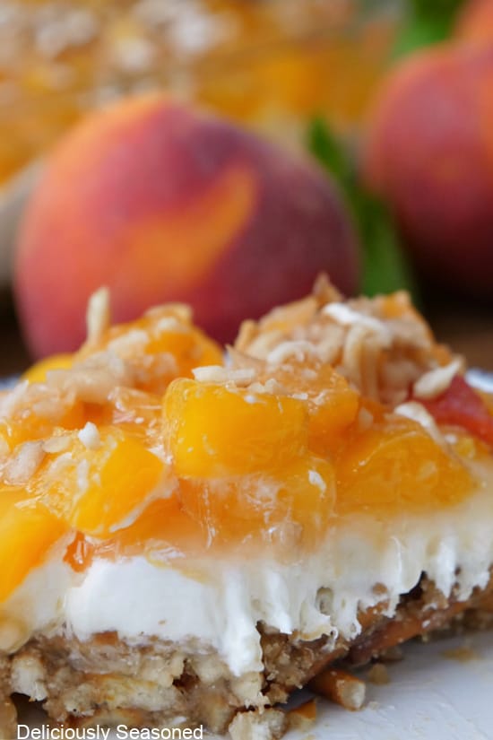 A slice of dessert on a white plate with fresh peaches in the background.