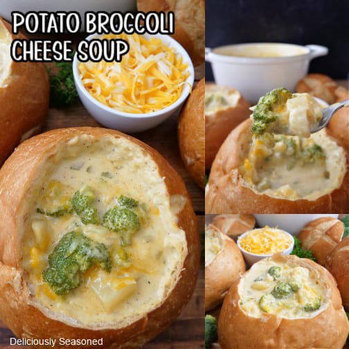 A three photo collage of bread bowls filled with potato broccoli cheese soup.