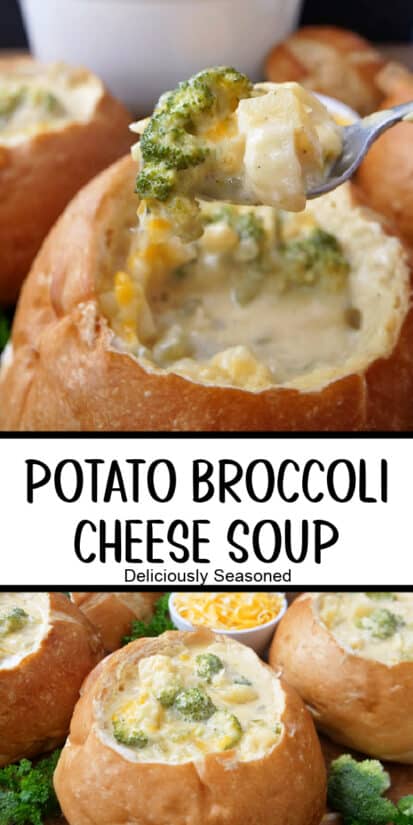 A double photo collage of a bread bowl filled with soup.