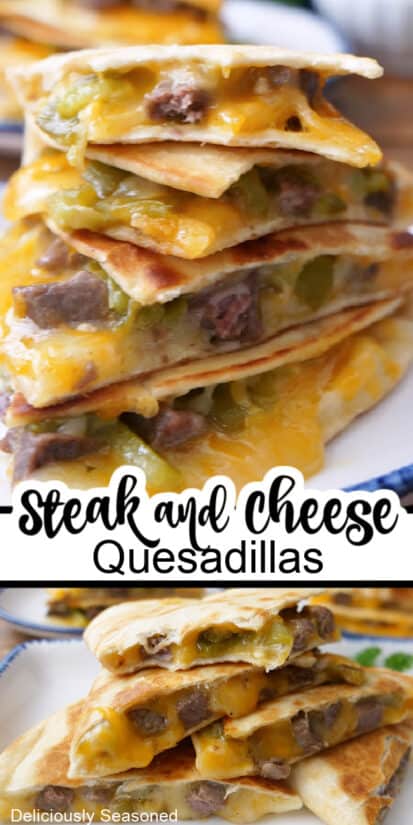 A double collage photo of a stack of triangle pieces of steak and cheese quesadillas.
