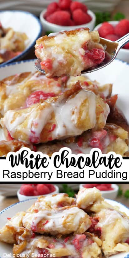 A double collage photo of white chocolate raspberry bread pudding.