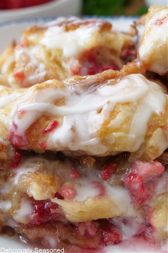 A close up of raspberry bread pudding.