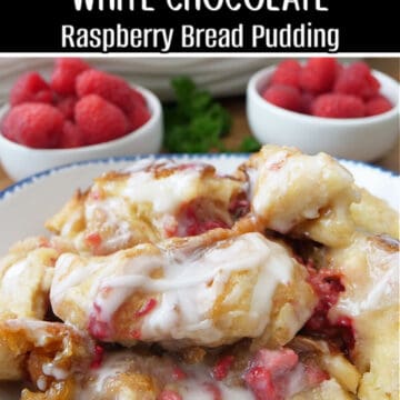 A white bowl filled with white chocolate raspberry bread pudding.