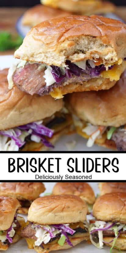 A double collage photo of brisket sliders.