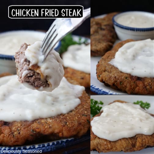 A three collage photo of chicken fried steak with country gravy on it.