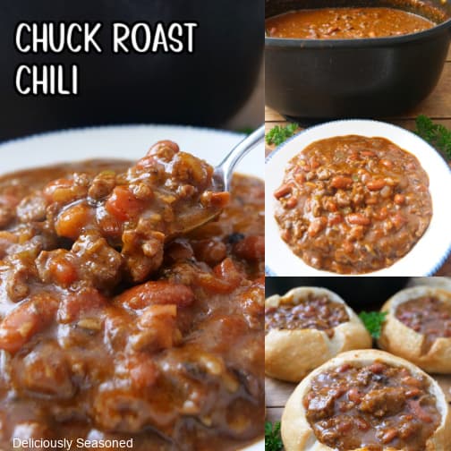 A three collage photo of chuck roast chili.