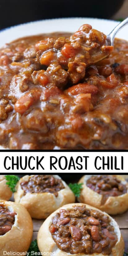 A double collage photo of homemade chuck roast chili.