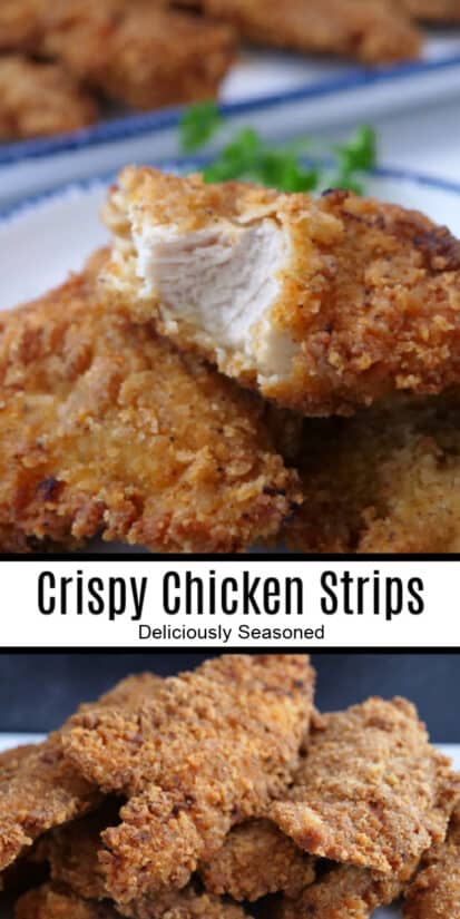 A double photo collage of crispy chicken strips on a white plate with blue trim.
