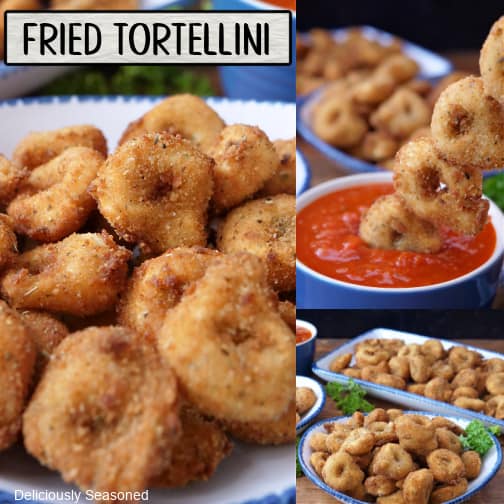 A three photo collage of fried tortellini.