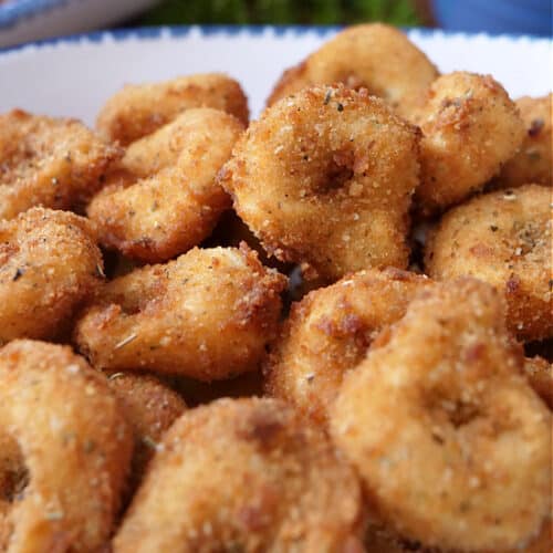 A white bowl with blue trim filled with a serving of deep fried tortellini.