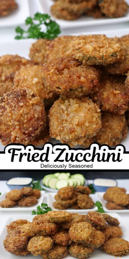 A double photo collage of crispy fried zucchini on white plates.