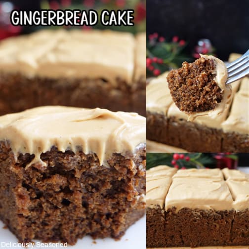 A three photo collage of gingerbread cake with molasses frosting.