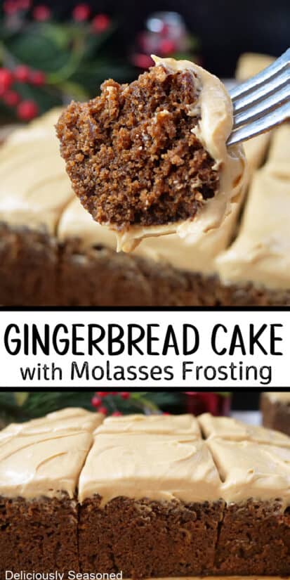 A double collage photo of gingerbread cake with molasses frosting.