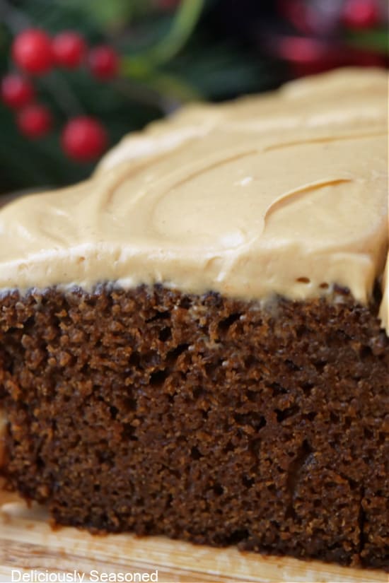 A close up of a piece of gingerbread cake.