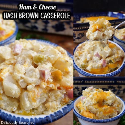 A three collage photo of southern style hash brown casserole in a white bowl with blue trim.