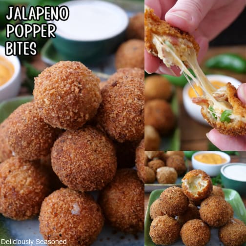 A three collage photo of jalapeno popper bites on a green square plate.