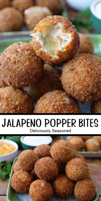 A double collage photo of golden brown crispy fried popper bites.