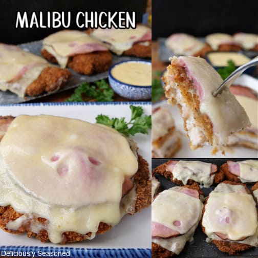 A three collage photo of fried boneless chicken breasts with ham and Swiss cheese on top.