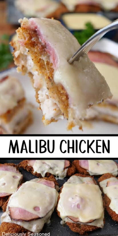 A double collage photo of Malibu Chicken which is fried boneless chicken with ham and Swiss cheese on it.