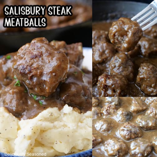 A three collage photo of Salisbury steak meatballs.