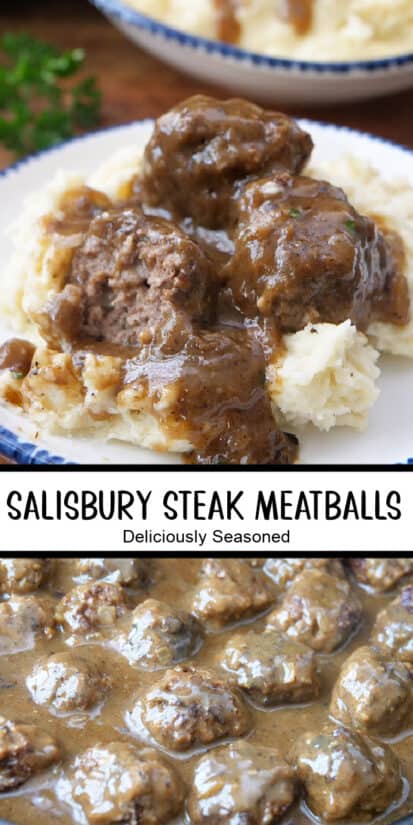 A double collage photo of Salisbury steak meatballs on mashed potatoes.