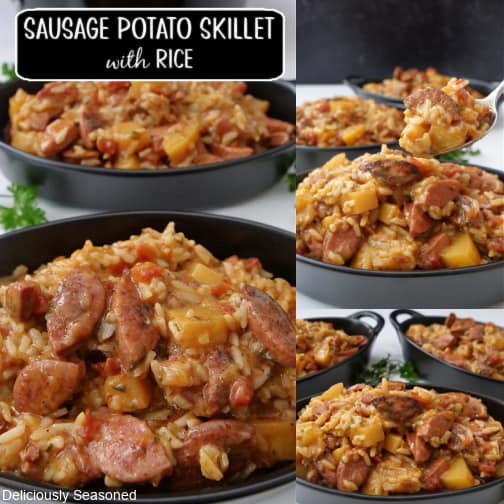 A three collage photo of the recipe sausage potato skillet in black bowls.