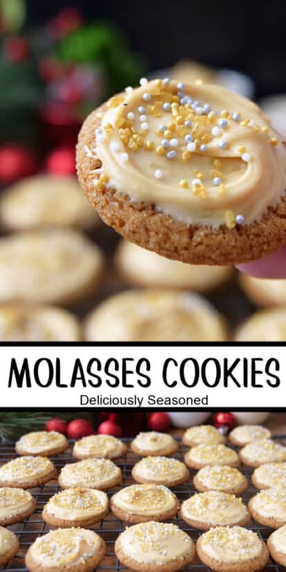 A double photo collage of mini molasses cookies with frosting on them.