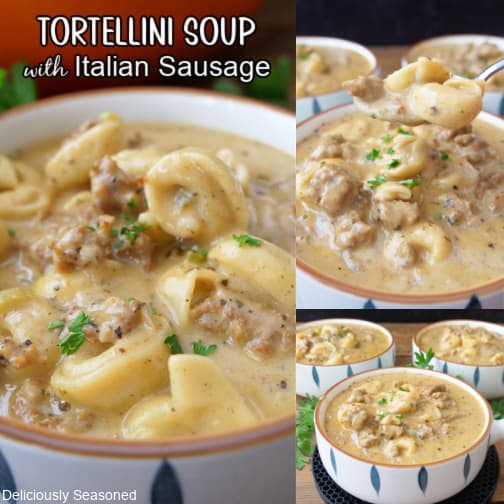 A three photo collage of creamy tortellini soup in white soup bowls.