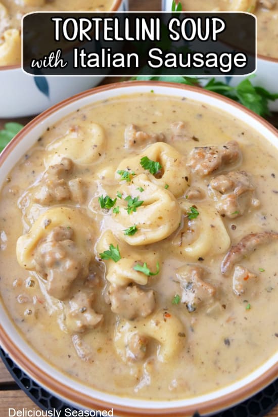 A white soup bowl filled with a serving of tortellini soup with Italian sausage.
