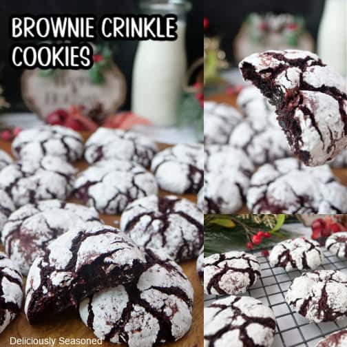 A three collage photo of brownie crinkle cookies.
