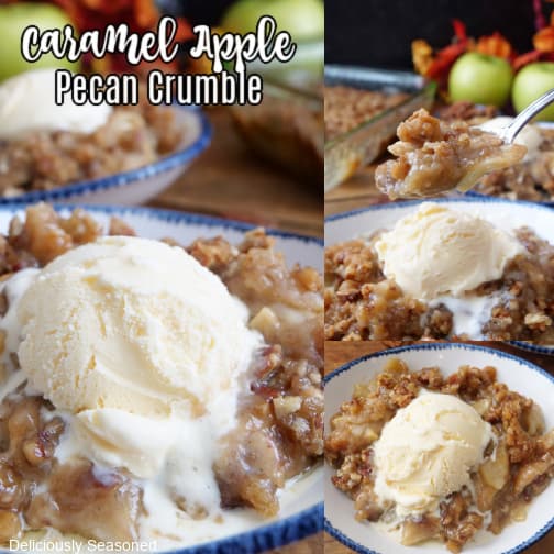 A three collage photo of caramel apple crumble.