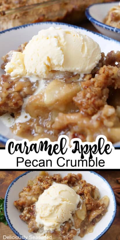 A double collage photo of apple crumble with vanilla ice cream on top.