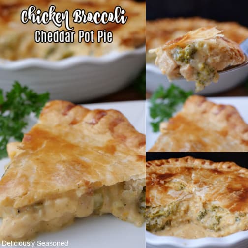 A three collage photo of broccoli cheddar chicken pot pie.