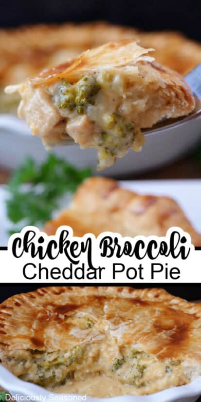A double collage photo of chicken broccoli cheddar pot pie.
