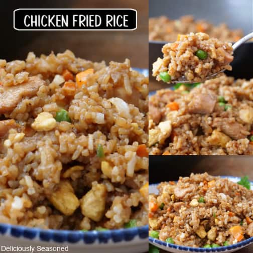A three collage photo of chicken fried rice.