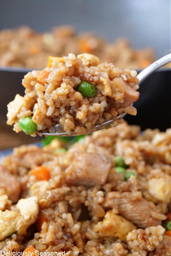 A close up of a spoonful of fried rice held close to the camera lens.