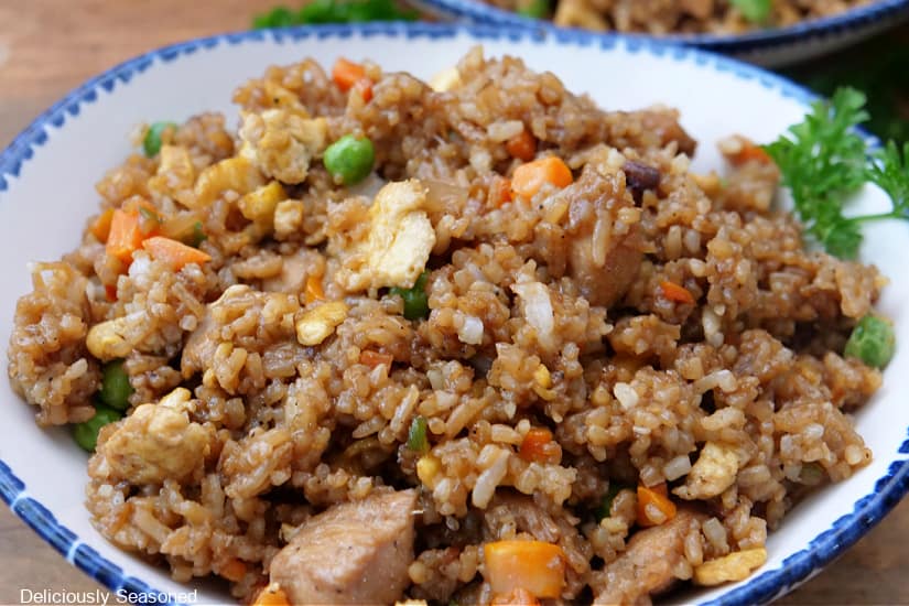 A serving of fried rice in a white bowl with blue trim.