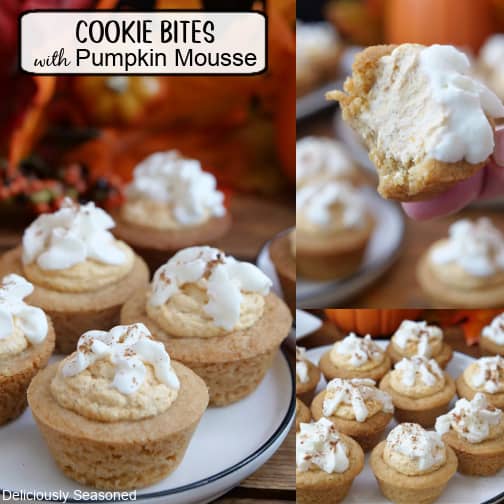 A three collage photo of mini cookie cups filled with pumpkin mousse.
