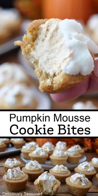 A double collage photo of bite-size pumpkin mousse filled sugar cookie cups.